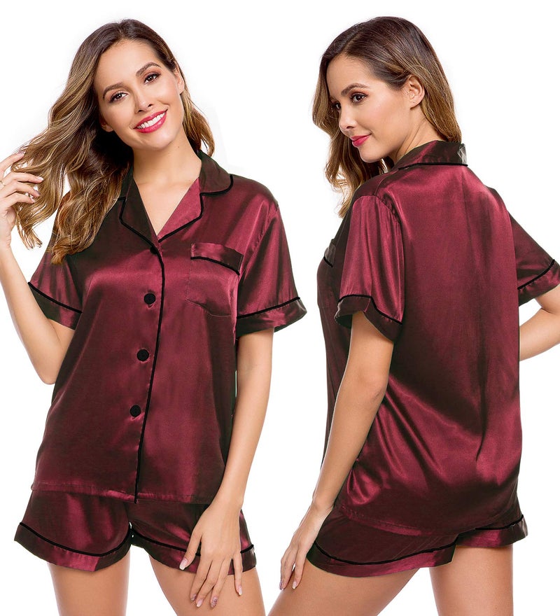 LecGee Womens Pajamas Set Silk Satin Sleepwear Short Sleeve Nightwear Button Down Pj Lounge - Image 1